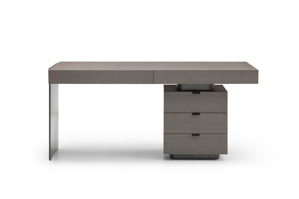 71" Gray Wood and Stainless Steel Computer Desk With Five Drawers — view 1
