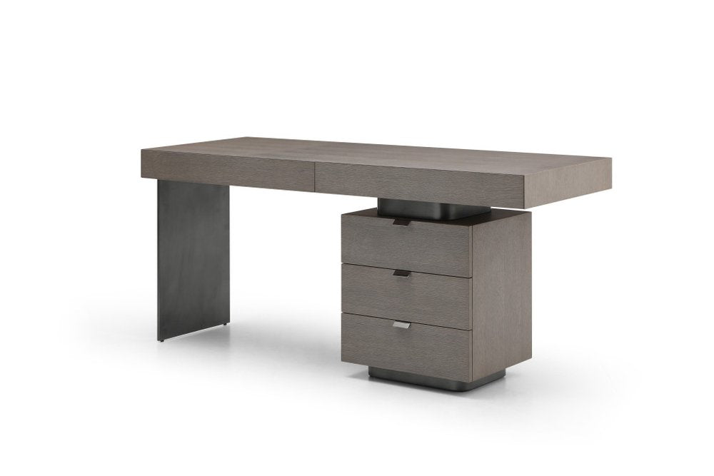 71" Gray Wood and Stainless Steel Computer Desk With Five Drawers — view 2