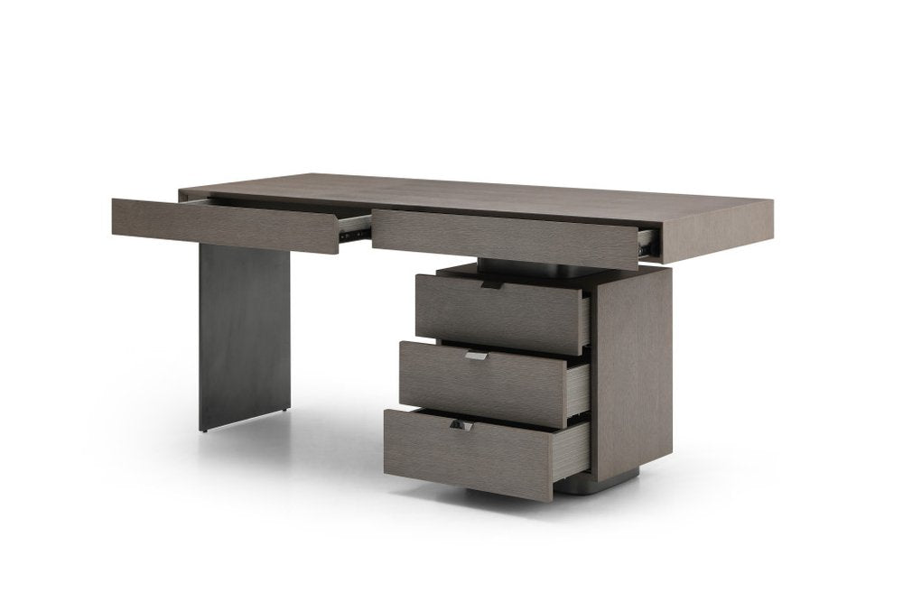 71" Gray Wood and Stainless Steel Computer Desk With Five Drawers — view 3