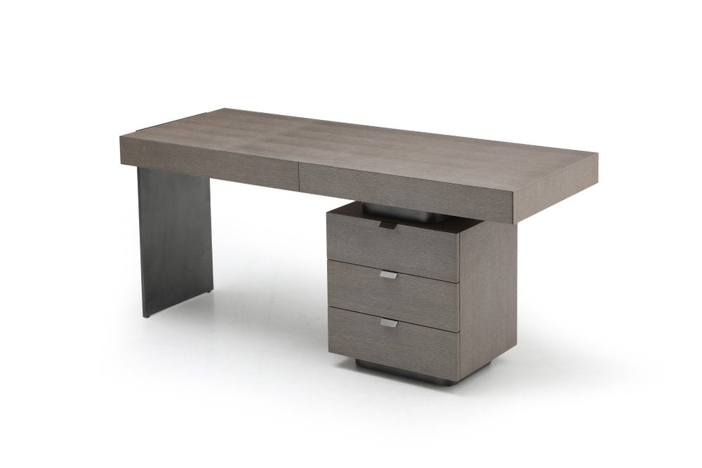 71" Gray Wood and Stainless Steel Computer Desk With Five Drawers — view 4
