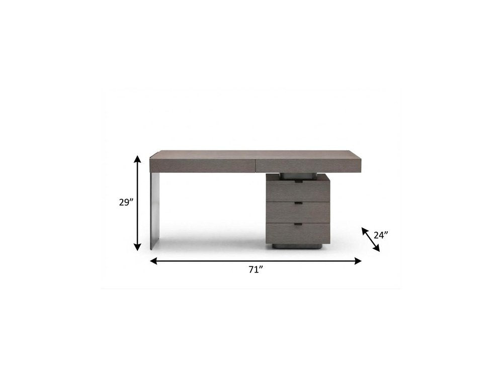 71" Gray Wood and Stainless Steel Computer Desk With Five Drawers — view 9