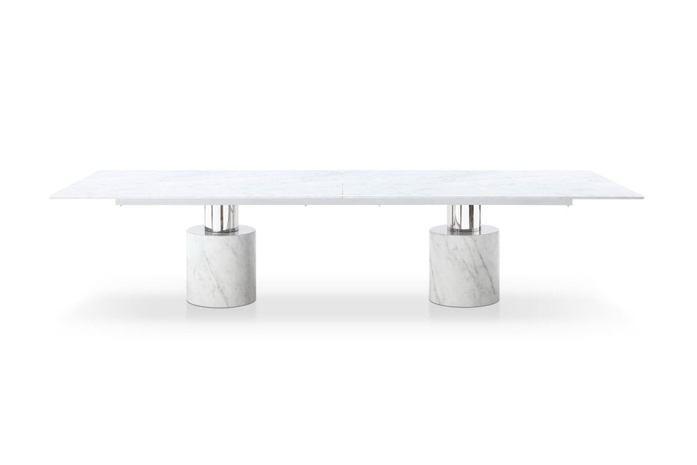136" White And Silver Glass Marble And Stainless Steel Double Pedestal Base Dining Table HomeRoots