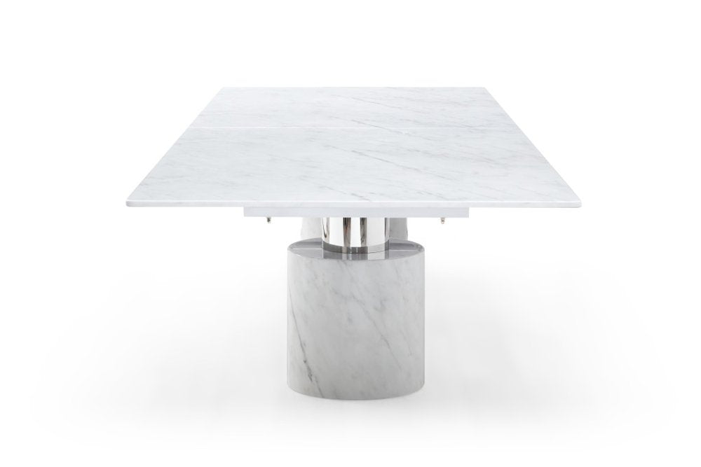 136" White And Silver Glass Marble And Stainless Steel Double Pedestal Base Dining Table HomeRoots