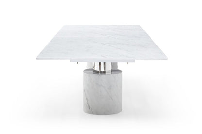 136" White And Silver Glass Marble And Stainless Steel Double Pedestal Base Dining Table HomeRoots