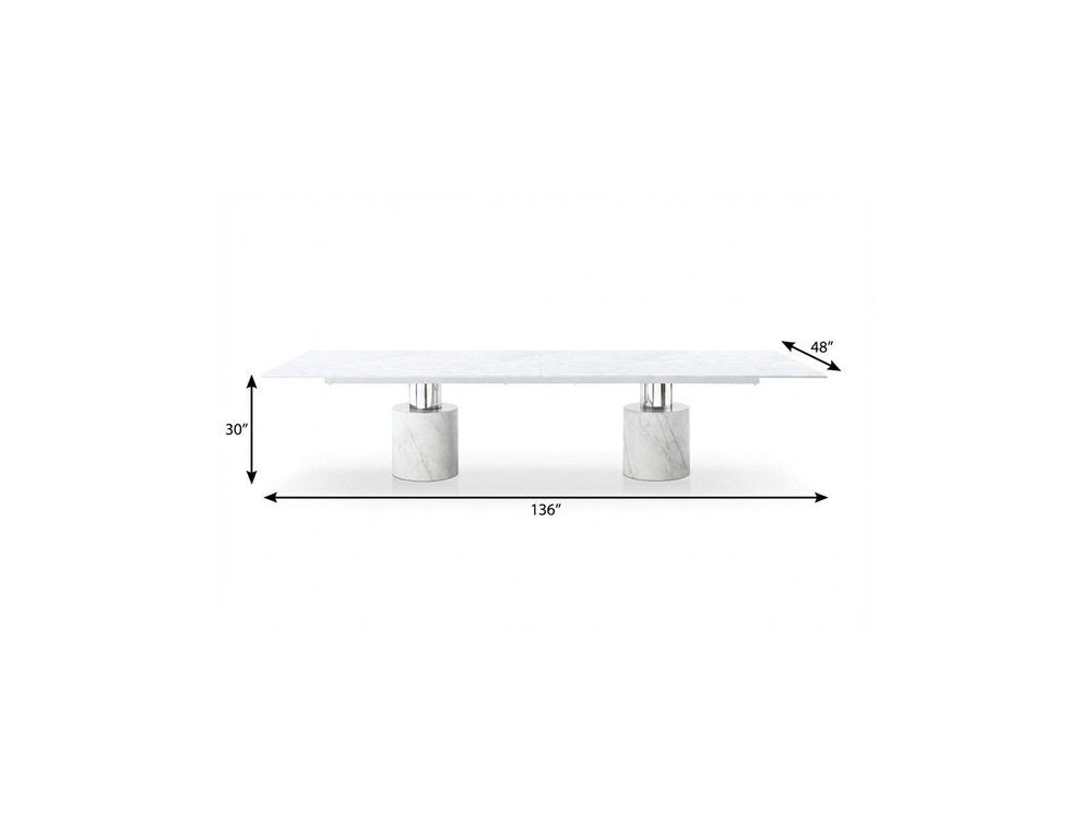 136" White And Silver Glass Marble And Stainless Steel Double Pedestal Base Dining Table HomeRoots
