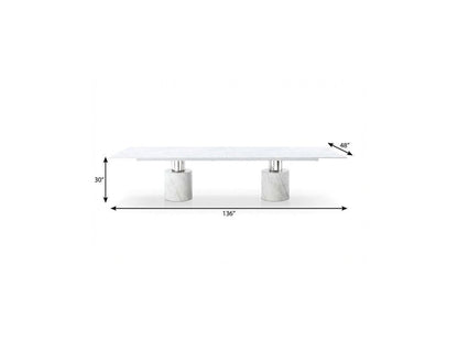 136" White And Silver Glass Marble And Stainless Steel Double Pedestal Base Dining Table HomeRoots