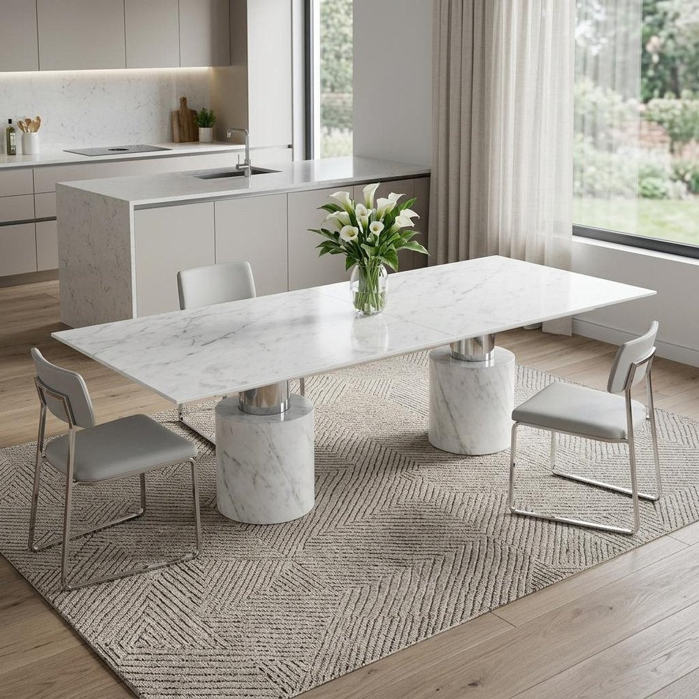 136" White And Silver Glass Marble And Stainless Steel Double Pedestal Base Dining Table — view 1