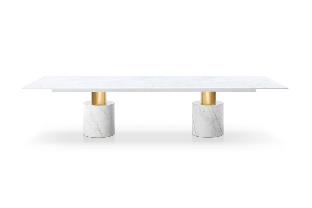 180" White and Gold Marble and Steel Double Pedestal Base Dining Table — view 2