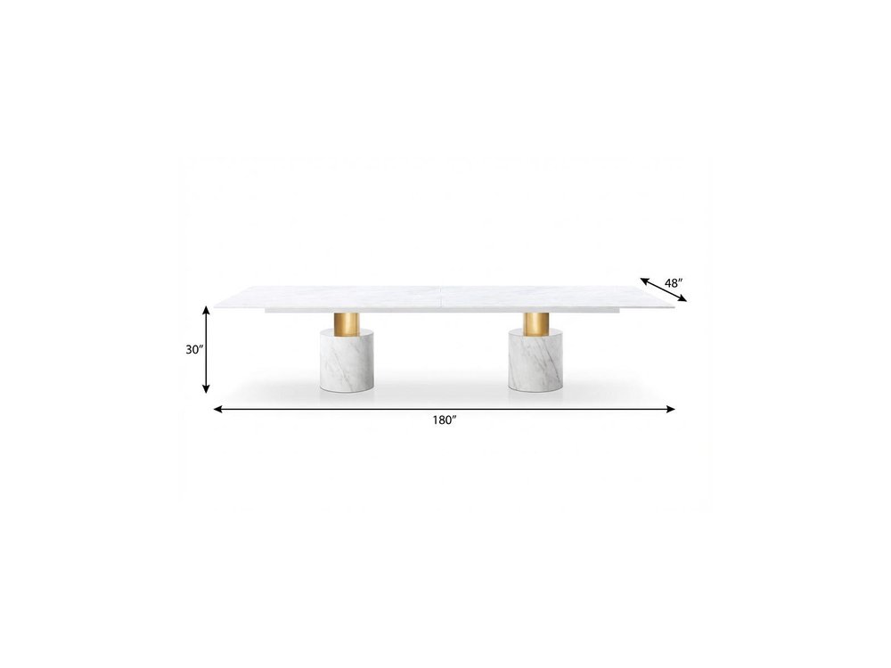 180" White and Gold Marble and Steel Double Pedestal Base Dining Table — view 3