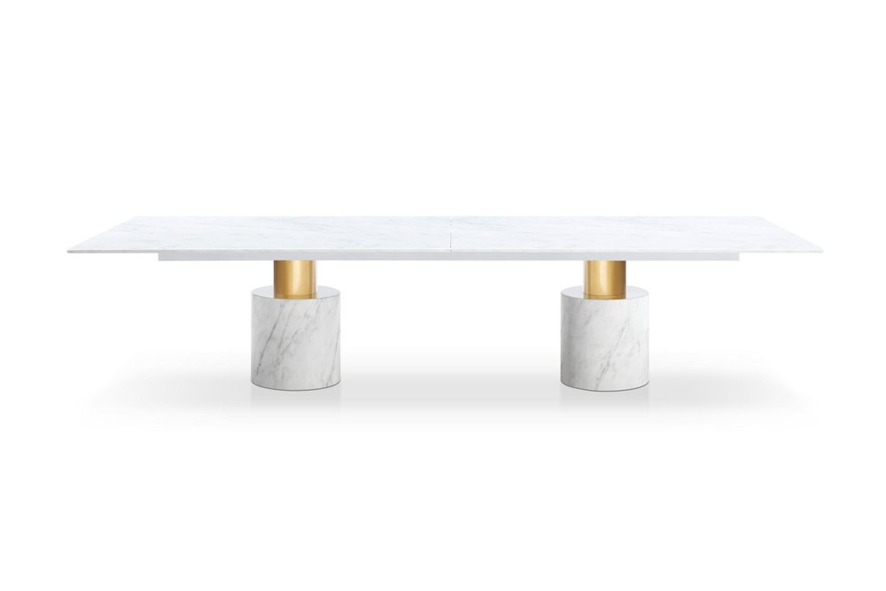180" White and Gold Marble and Steel Double Pedestal Base Dining Table