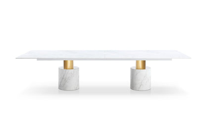180" White and Gold Marble and Steel Double Pedestal Base Dining Table