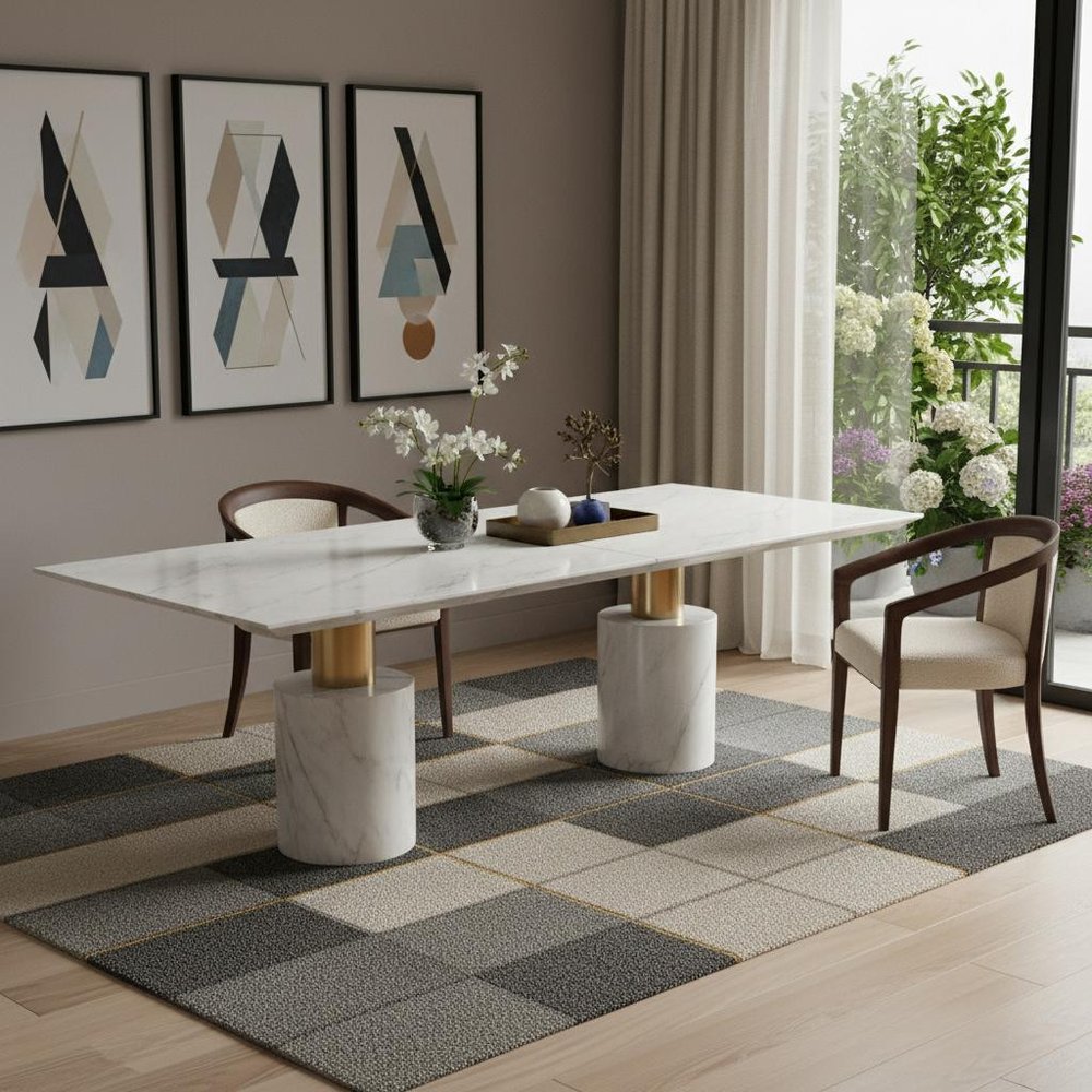 180" White and Gold Marble and Steel Double Pedestal Base Dining Table — view 6