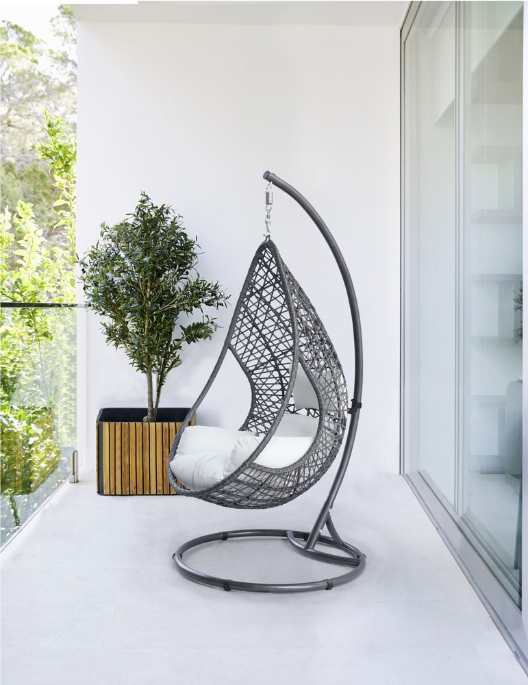 40" Dark Gray Aluminum Outdoor Rocking Egg Chair with White Cushion HomeRoots
