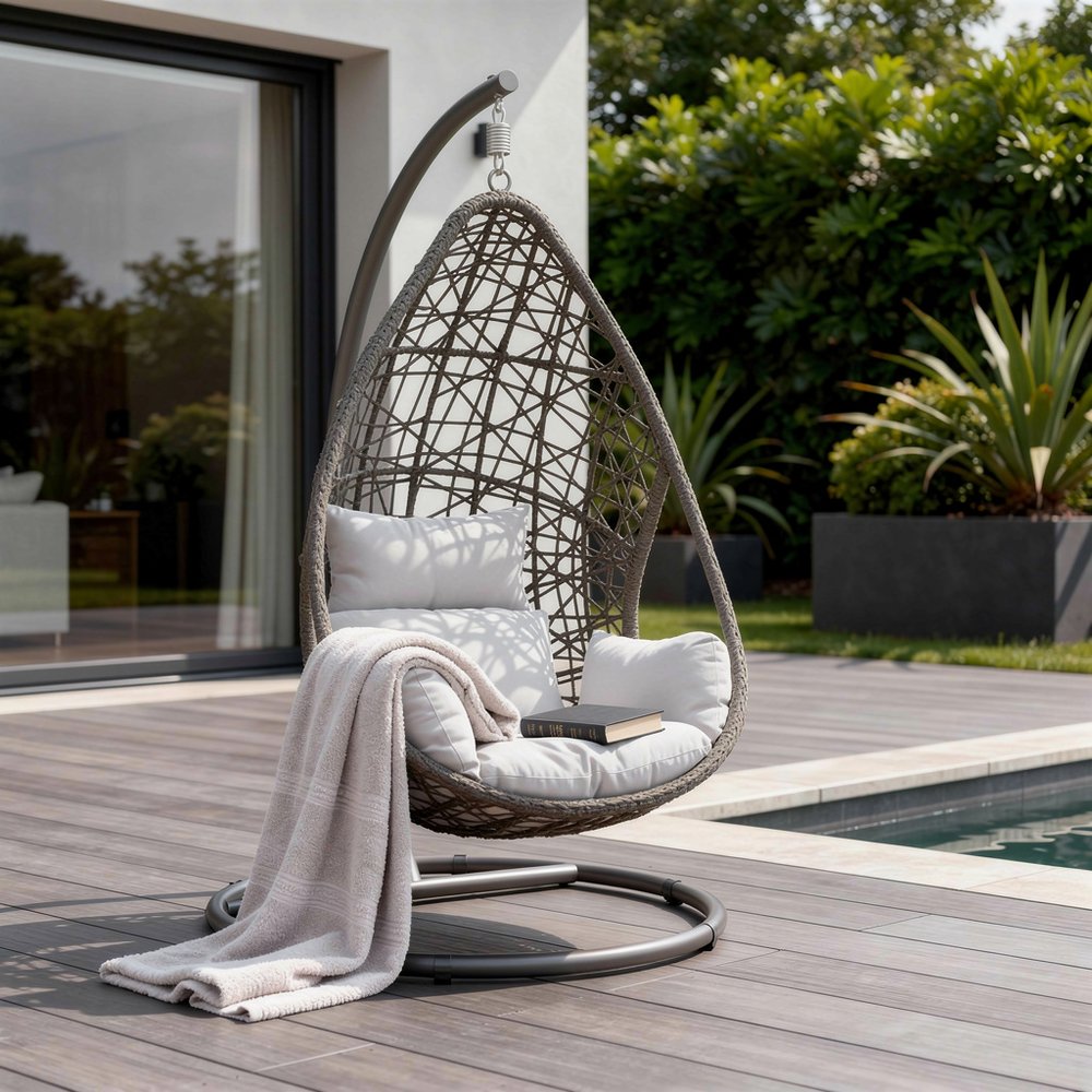 40" Dark Gray Aluminum Outdoor Rocking Egg Chair with White Cushion HomeRoots