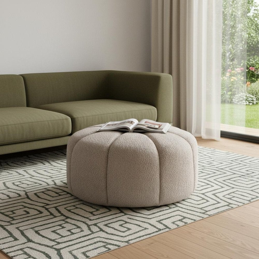 32" Taupe Tufted Boucle Tufted Round Ottoman — view 1