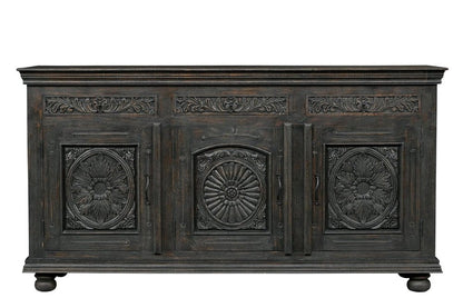 81" Black Distressed Solid Wood Carved Floral Three Drawer Sideboard With Three Doors HomeRoots