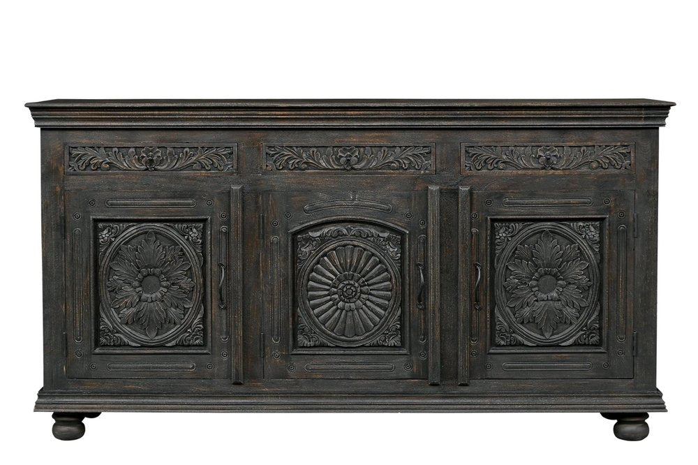 81" Black Distressed Solid Wood Carved Floral Three Drawer Sideboard With Three Doors — view 1