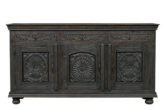 81" Black Distressed Solid Wood Carved Floral Three Drawer Sideboard With Three Doors