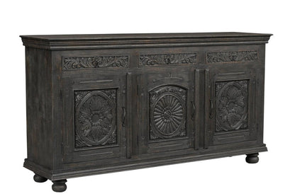 81" Black Distressed Solid Wood Carved Floral Three Drawer Sideboard With Three Doors HomeRoots