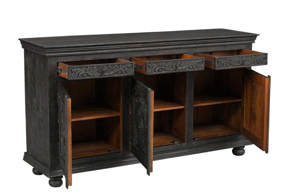 81" Black Distressed Solid Wood Carved Floral Three Drawer Sideboard With Three Doors — view 4