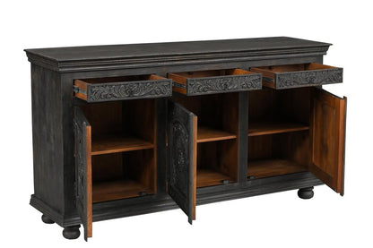 81" Black Distressed Solid Wood Carved Floral Three Drawer Sideboard With Three Doors HomeRoots
