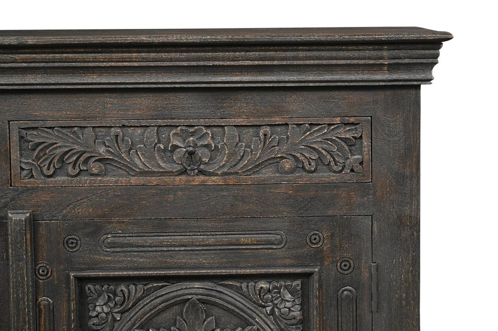 81" Black Distressed Solid Wood Carved Floral Three Drawer Sideboard With Three Doors — view 5