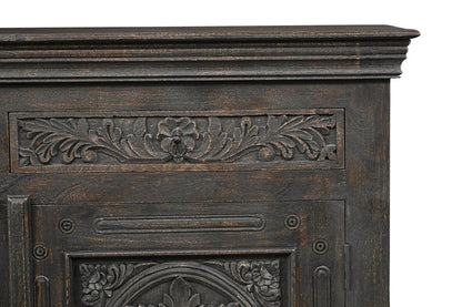 81" Black Distressed Solid Wood Carved Floral Three Drawer Sideboard With Three Doors HomeRoots