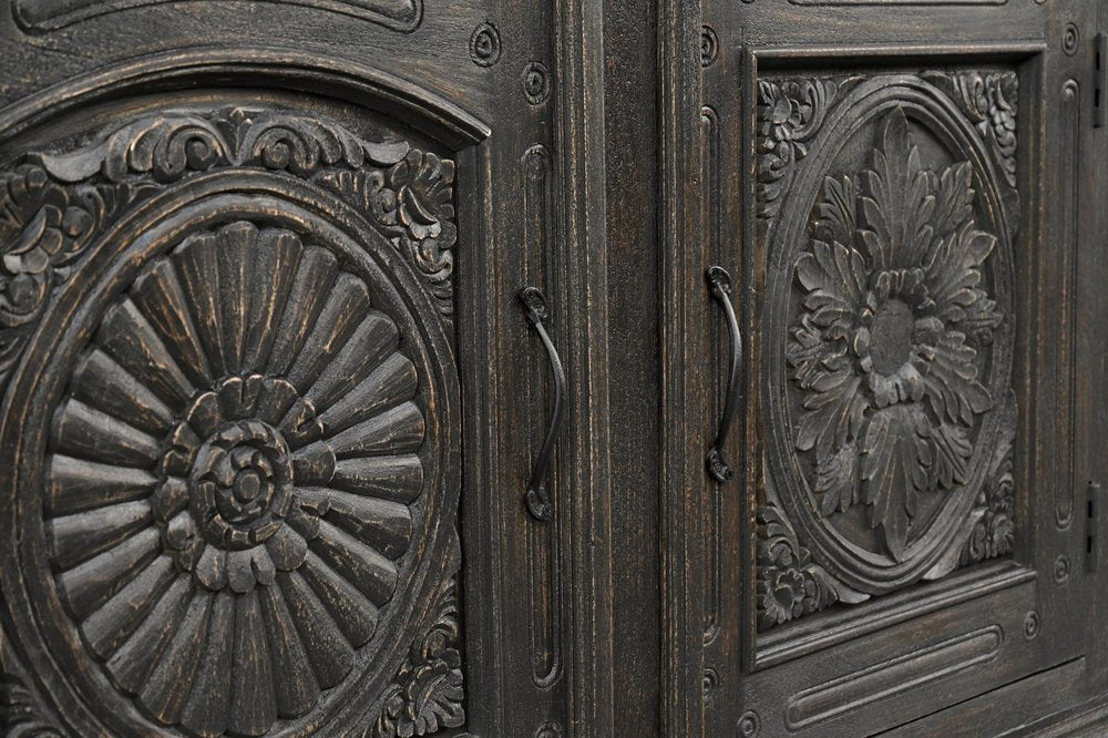 81" Black Distressed Solid Wood Carved Floral Three Drawer Sideboard With Three Doors HomeRoots