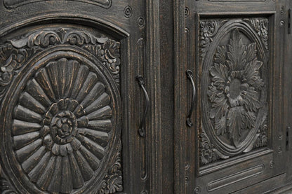 81" Black Distressed Solid Wood Carved Floral Three Drawer Sideboard With Three Doors HomeRoots