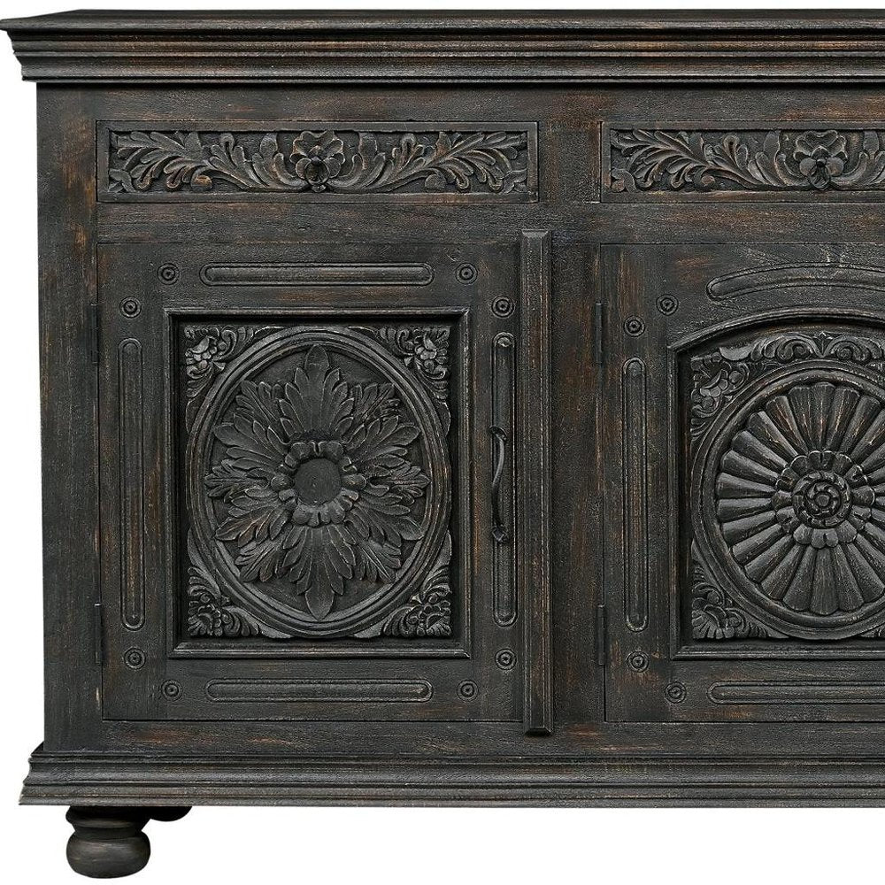 81" Black Distressed Solid Wood Carved Floral Three Drawer Sideboard With Three Doors — view 6