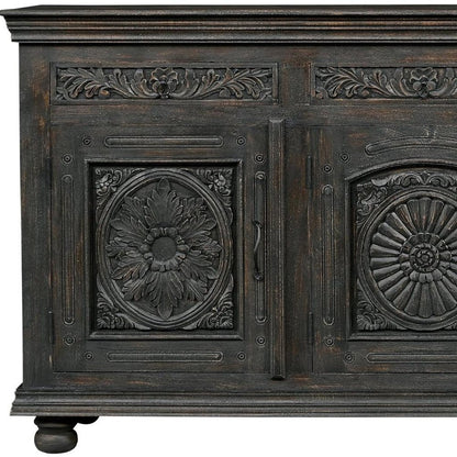 81" Black Distressed Solid Wood Carved Floral Three Drawer Sideboard With Three Doors HomeRoots