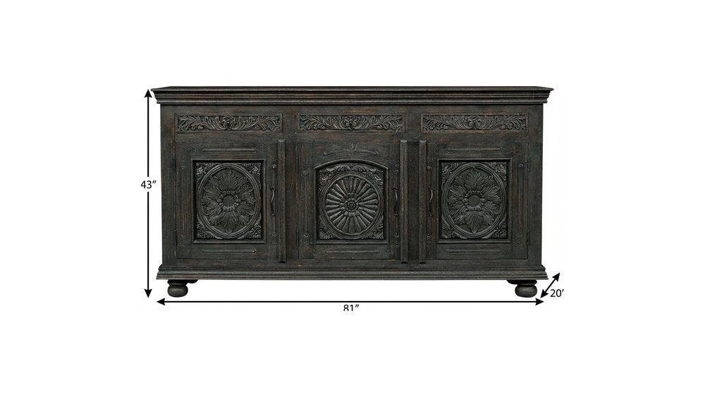 81" Black Distressed Solid Wood Carved Floral Three Drawer Sideboard With Three Doors — view 7