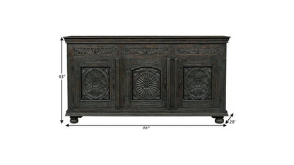 81" Black Distressed Solid Wood Carved Floral Three Drawer Sideboard With Three Doors HomeRoots