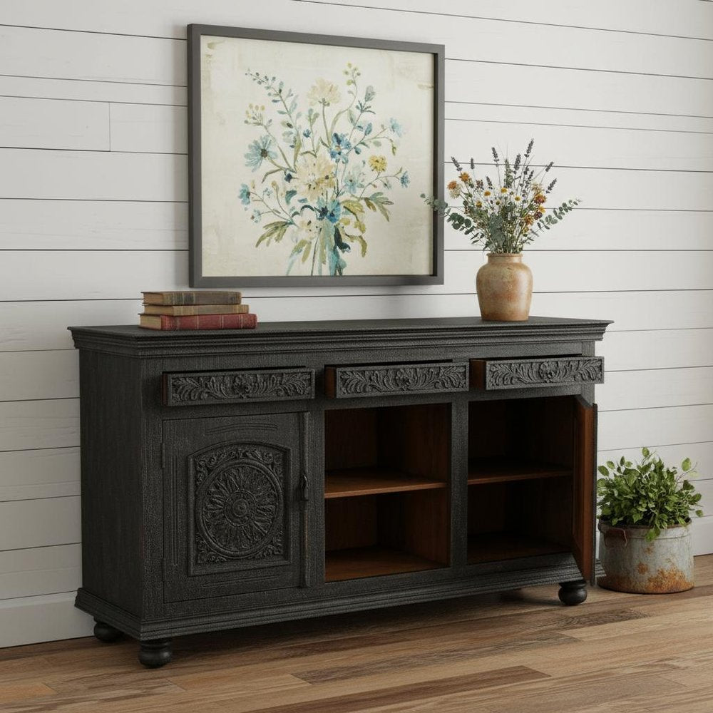 81" Black Distressed Solid Wood Carved Floral Three Drawer Sideboard With Three Doors — view 8