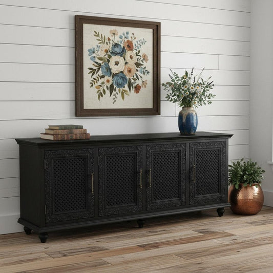 111" Black Distressed Solid Wood Carved Floral Sideboard With Six Doors HomeRoots