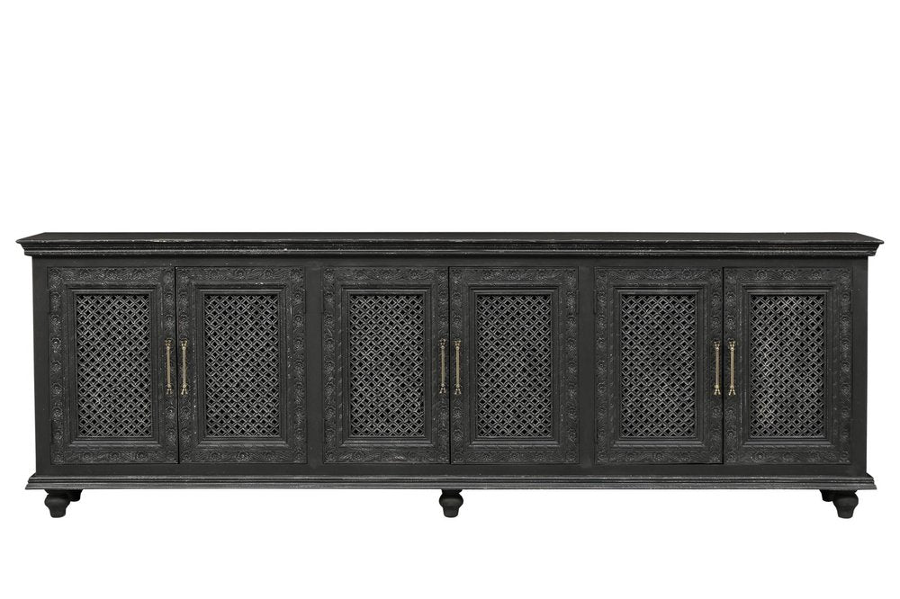 111" Black Distressed Solid Wood Carved Floral Sideboard With Six Doors HomeRoots