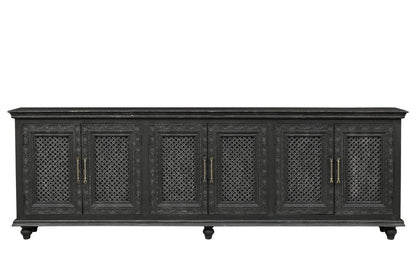 111" Black Distressed Solid Wood Carved Floral Sideboard With Six Doors HomeRoots