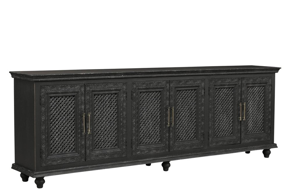 111" Black Distressed Solid Wood Carved Floral Sideboard With Six Doors — view 3