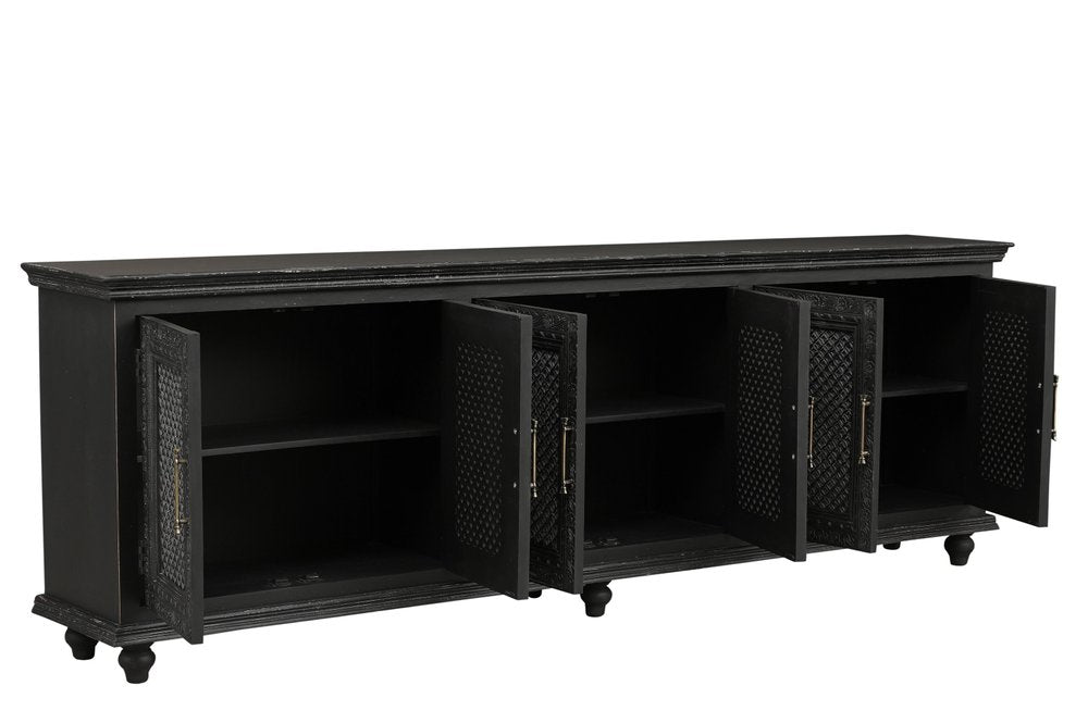 111" Black Distressed Solid Wood Carved Floral Sideboard With Six Doors HomeRoots