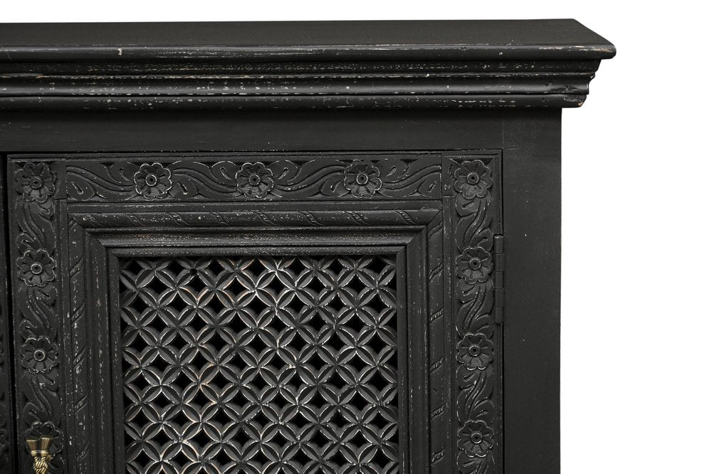 111" Black Distressed Solid Wood Carved Floral Sideboard With Six Doors — view 5