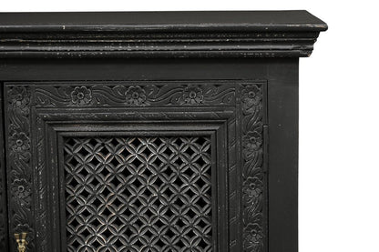 111" Black Distressed Solid Wood Carved Floral Sideboard With Six Doors HomeRoots