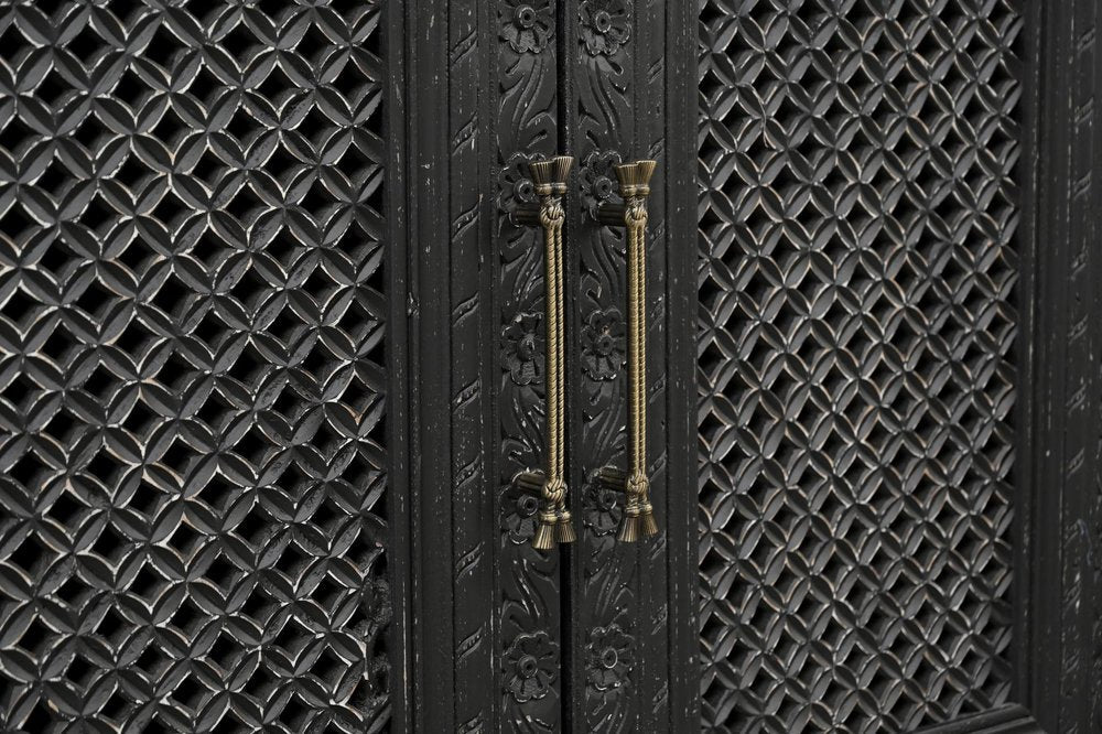 111" Black Distressed Solid Wood Carved Floral Sideboard With Six Doors HomeRoots