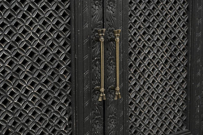 111" Black Distressed Solid Wood Carved Floral Sideboard With Six Doors HomeRoots