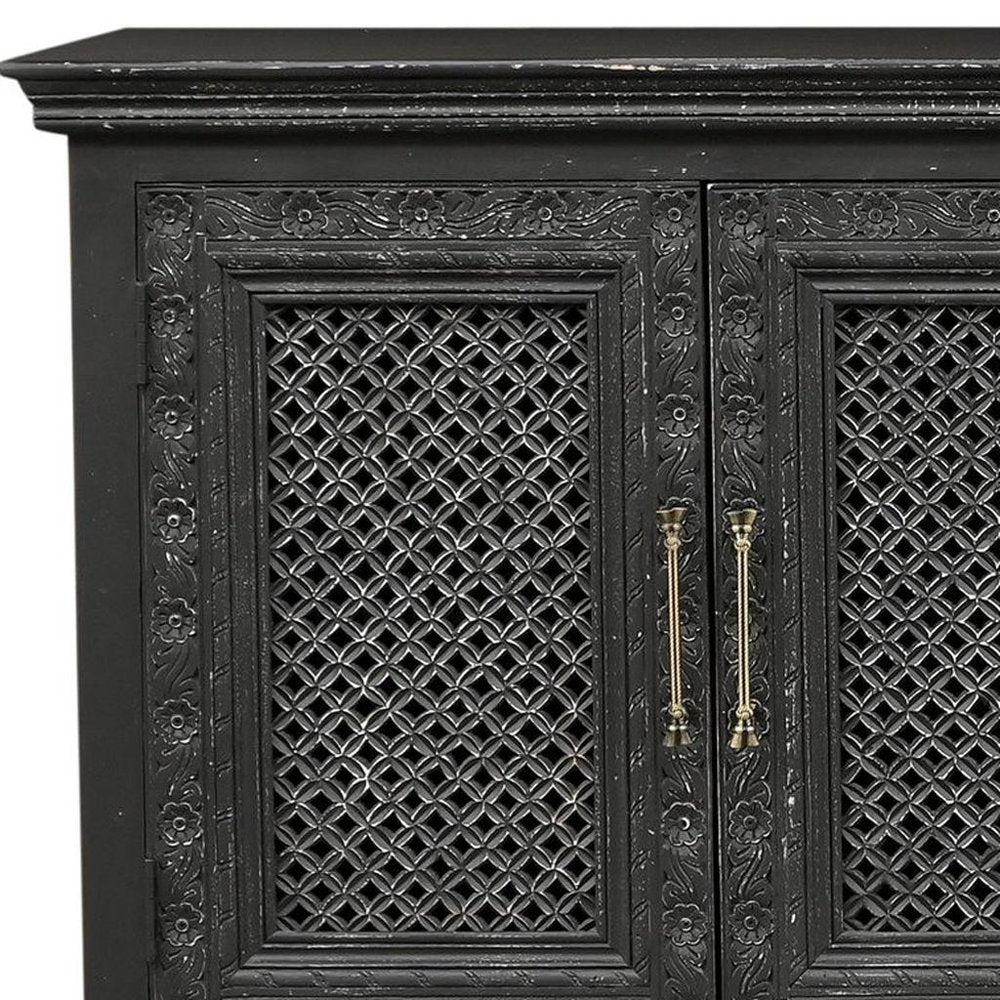 111" Black Distressed Solid Wood Carved Floral Sideboard With Six Doors — view 6