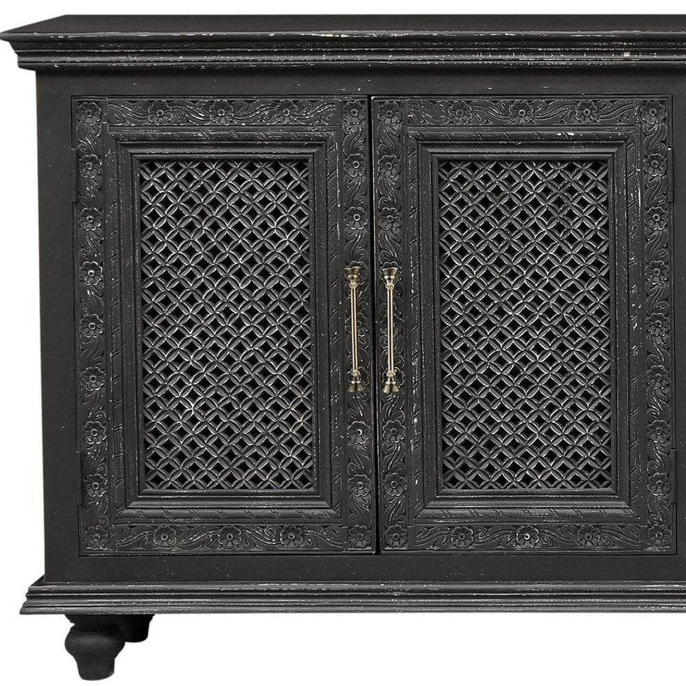 111" Black Distressed Solid Wood Carved Floral Sideboard With Six Doors HomeRoots