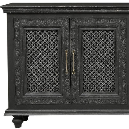 111" Black Distressed Solid Wood Carved Floral Sideboard With Six Doors HomeRoots