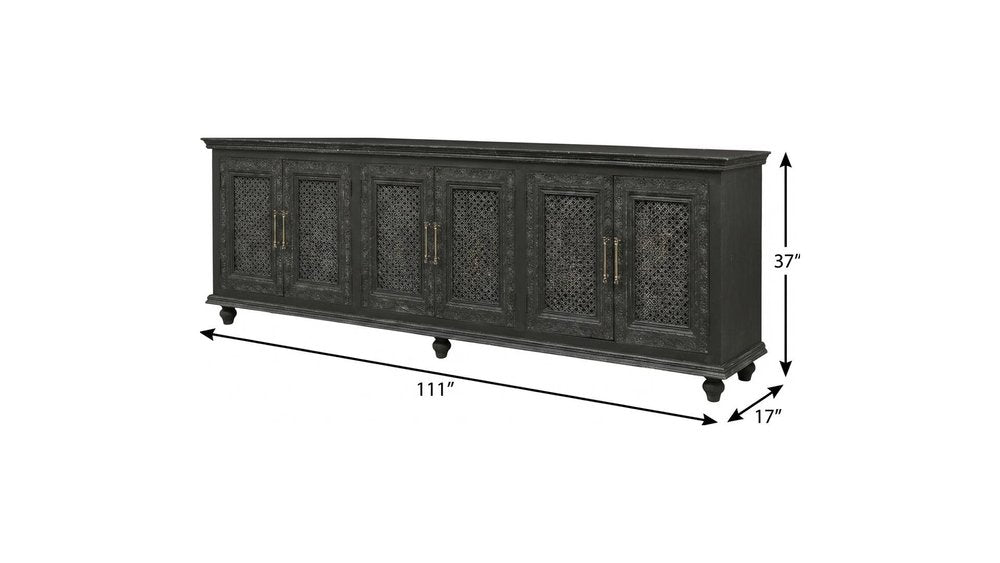 111" Black Distressed Solid Wood Carved Floral Sideboard With Six Doors — view 9