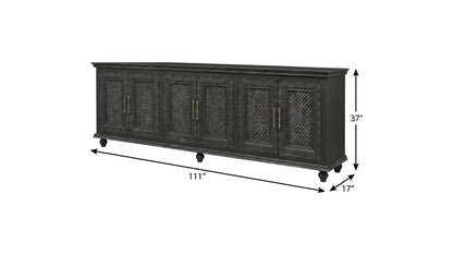 111" Black Distressed Solid Wood Carved Floral Sideboard With Six Doors HomeRoots