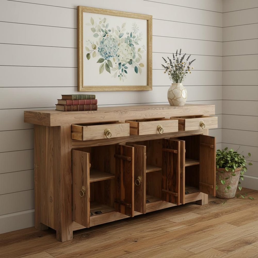 72" Natural Solid Wood Three Drawer Sideboard With Six Doors — view 1