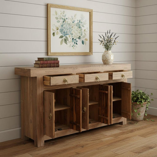 72" Natural Solid Wood Three Drawer Sideboard With Six Doors HomeRoots